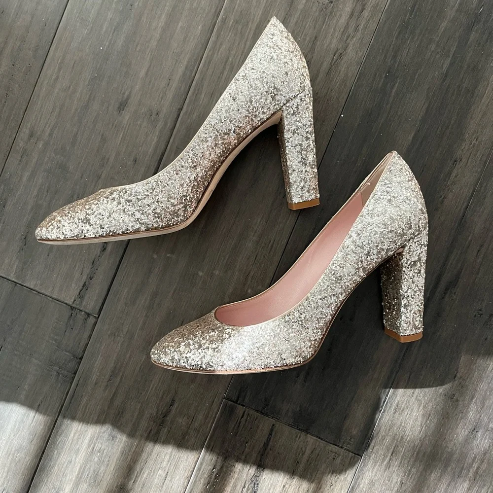 Kate‎ Spade Silver Glitter Sparkly Round Toe Chunky Heel Pump